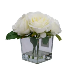 Hoze Landscaping Shop -Hoze Landscaping Shop 19cm white roses artificial plant in clear square glass vase5010795682690 02c bq